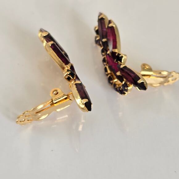 Vintage Clip On Earrings Pink Navette Purple Black Rhinestone Gold Tone Glam - Picture 8 of 10